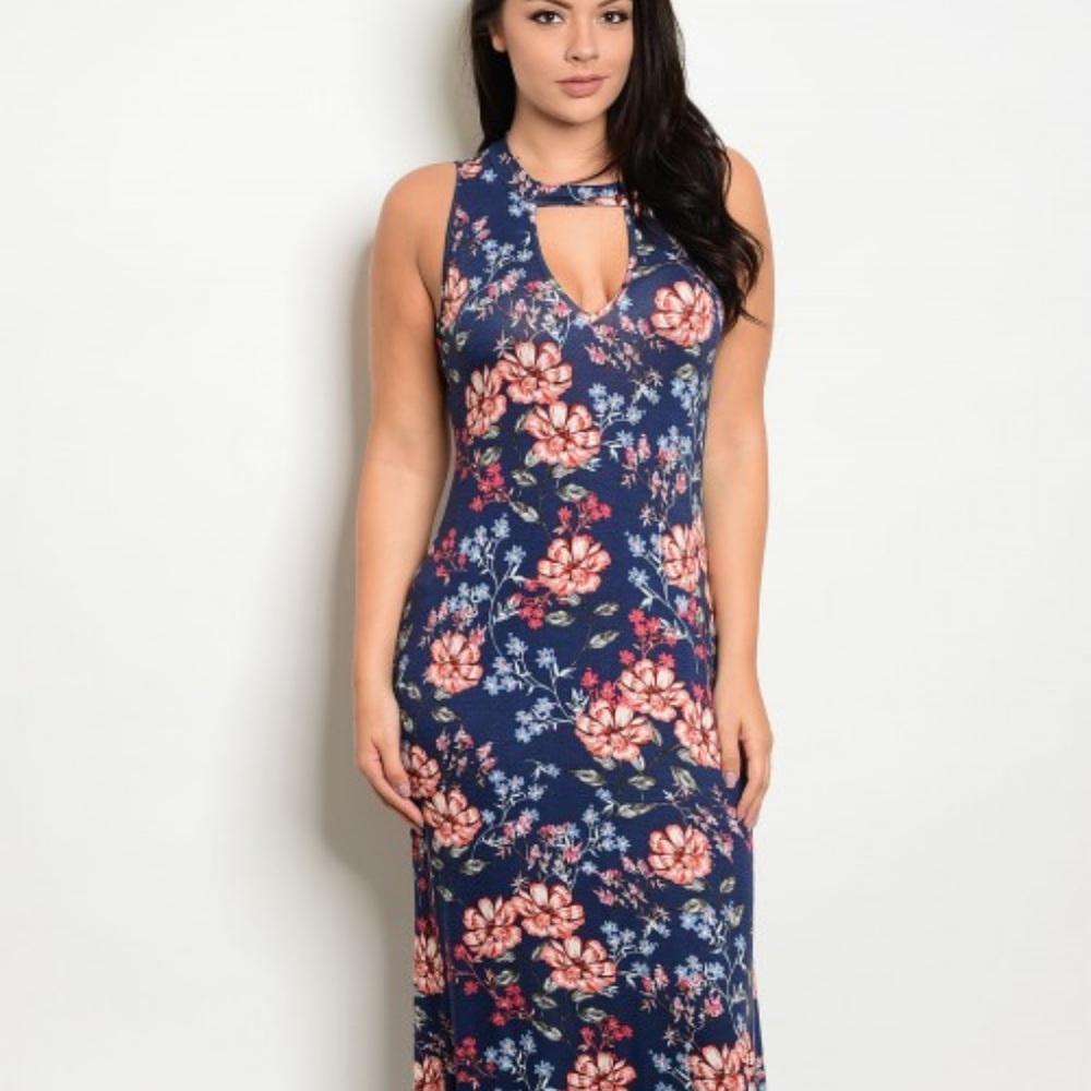 Plus Navy Floral Print Maxi Dress